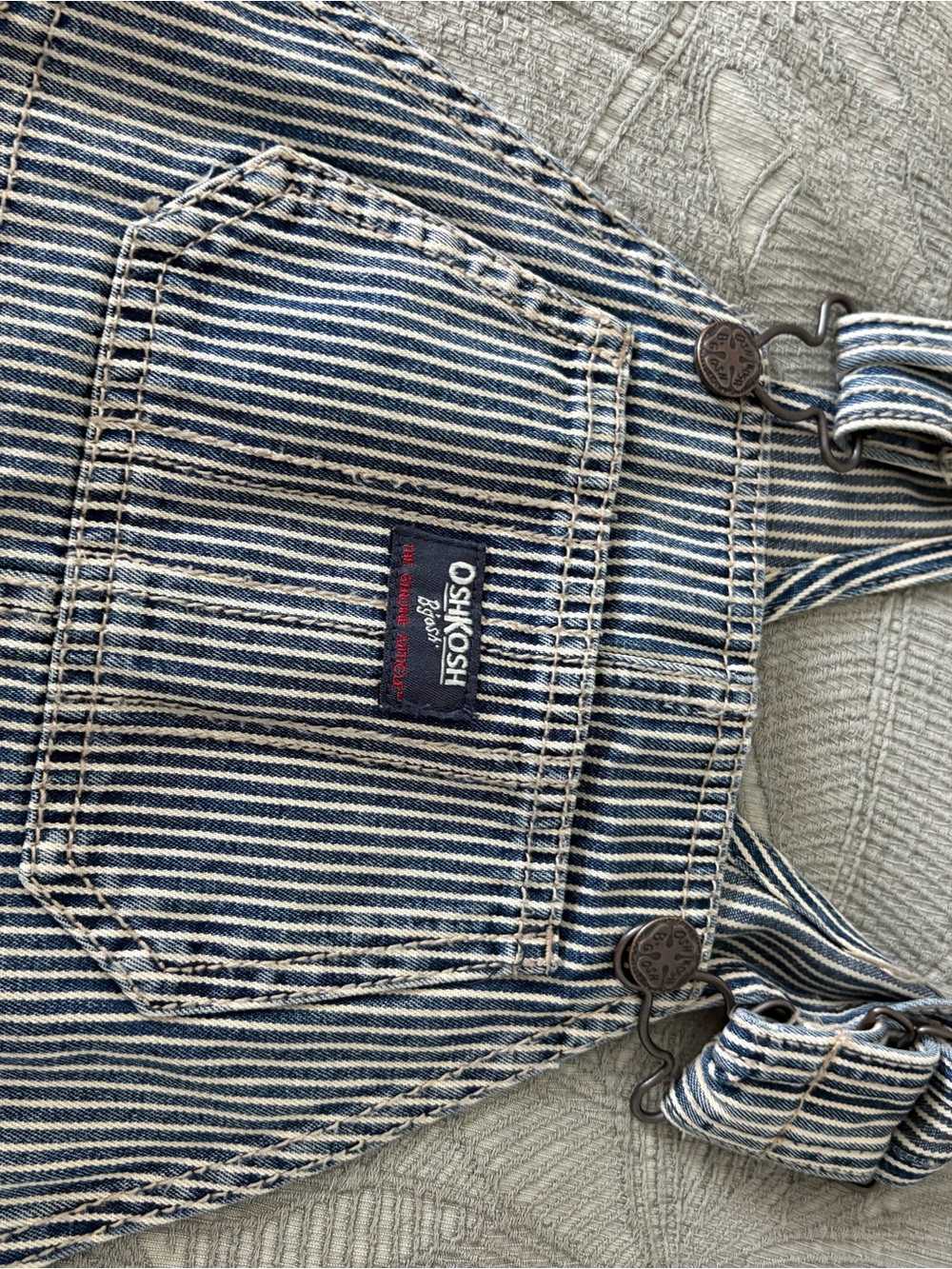 OshKosh B'gosh Blue and White Striped Denim Overalls - Picture 2 of 4